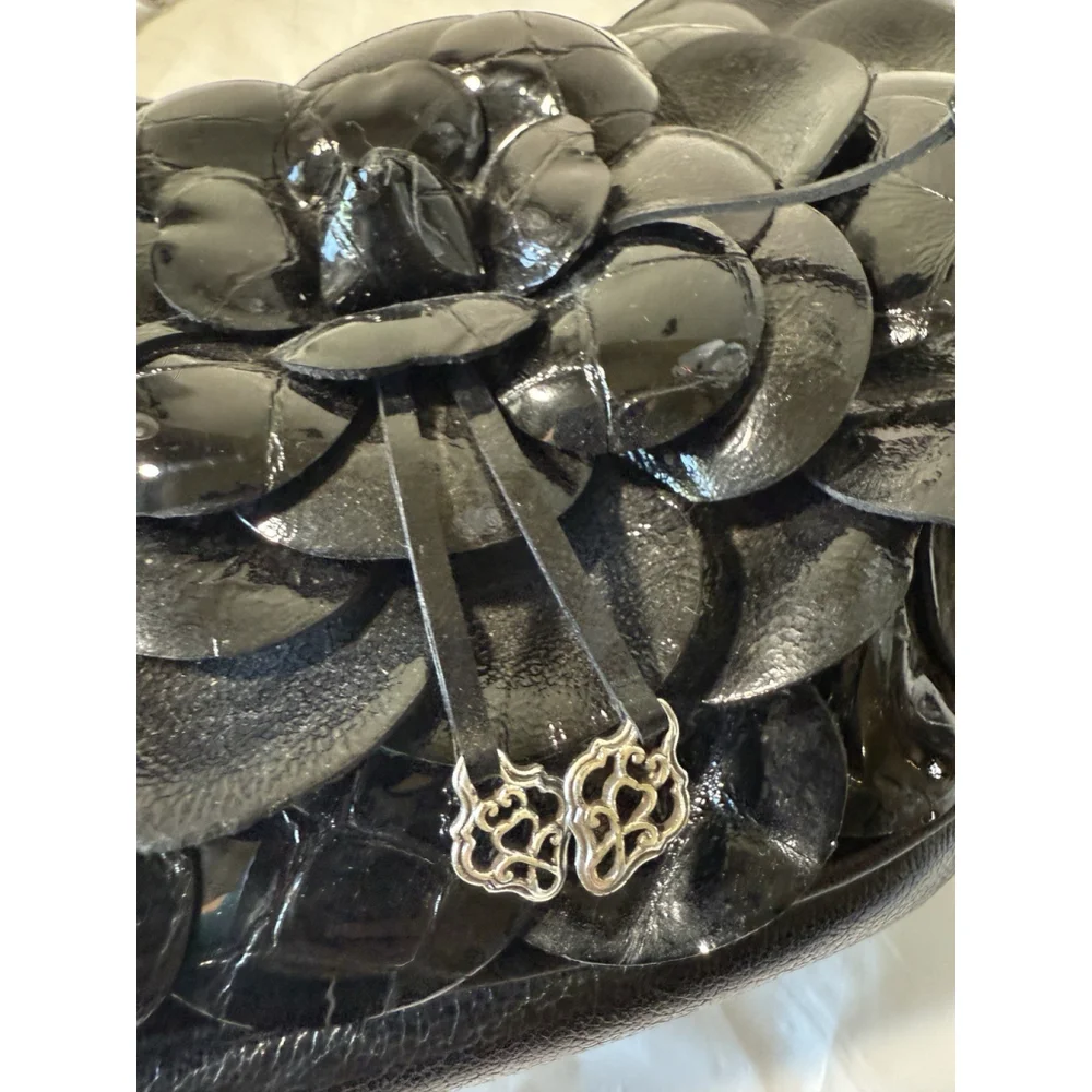 Brighton Rosalie Black Leather Pochettee Handbag Flower baguette